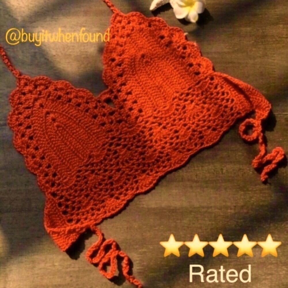 Sexy Crochet Knit Halter Crop Top SUNSET RED RUST ORANGE S M L